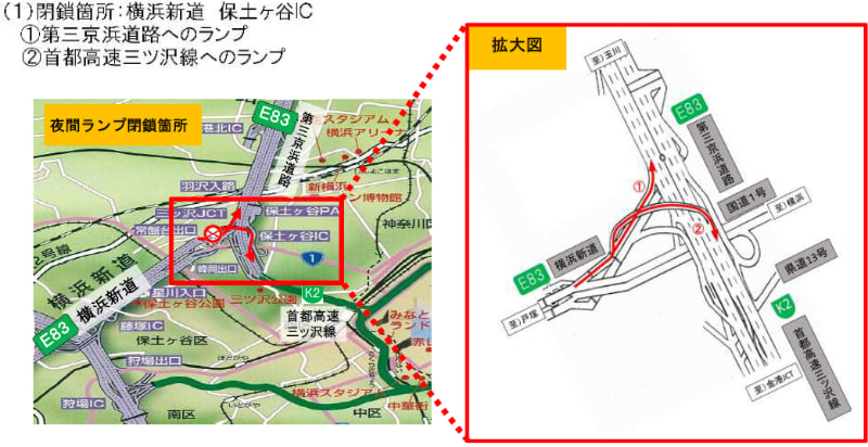横浜新道の上り線から第三京浜道路および首都高速三ツ沢線へのランプ