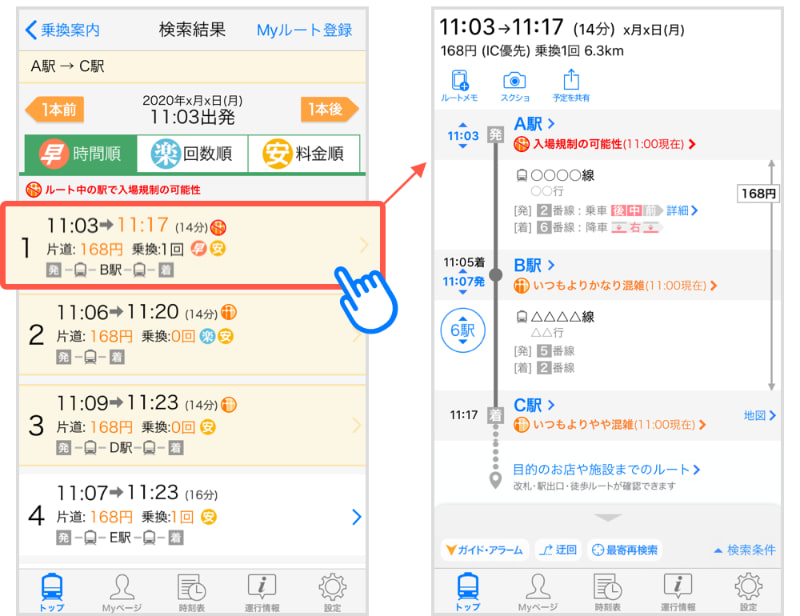 経路の駅の混雑具合がわかる