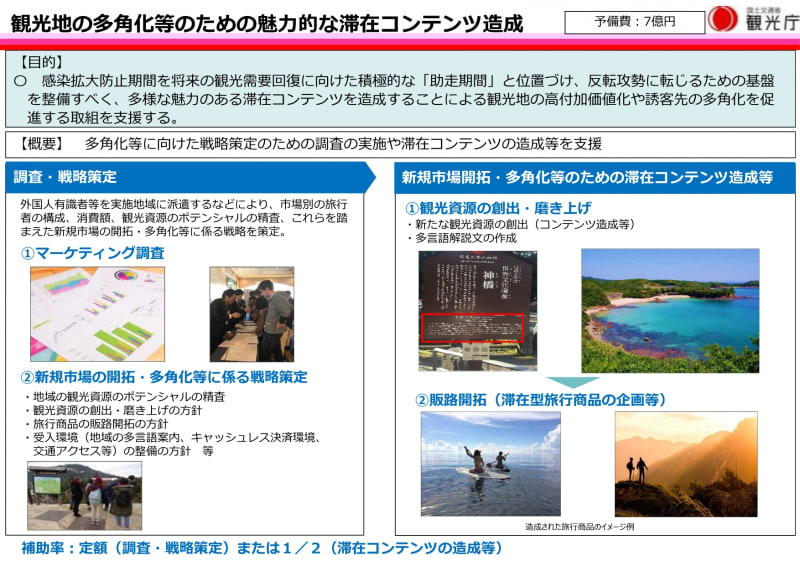 観光地の多角化などのための魅力的な滞在コンテンツ造成