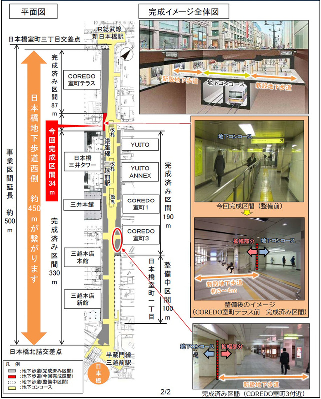 国道4号の総武線 新日本橋駅～半蔵門線 三越前駅間で整備中の「日本橋地下歩道」