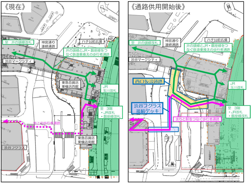歩行者の動線（左が現在、右が供用開始後）