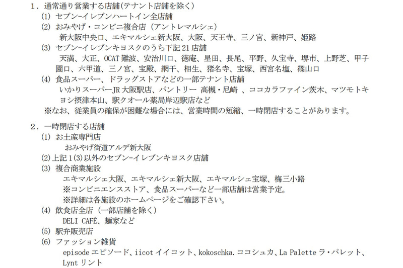 大阪府・兵庫県エリアにおけるJR西日本の駅ナカ店舗の営業について情報をまとめた