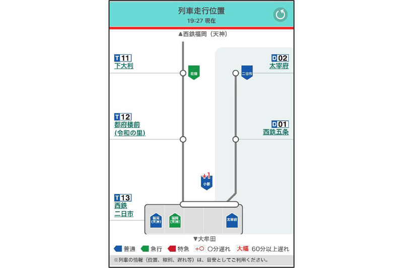 西鉄はWebやアプリで提供している「にしてつバスナビ」の新機能として、天神大牟田線の電車走行位置を表示するサービスを開始する
