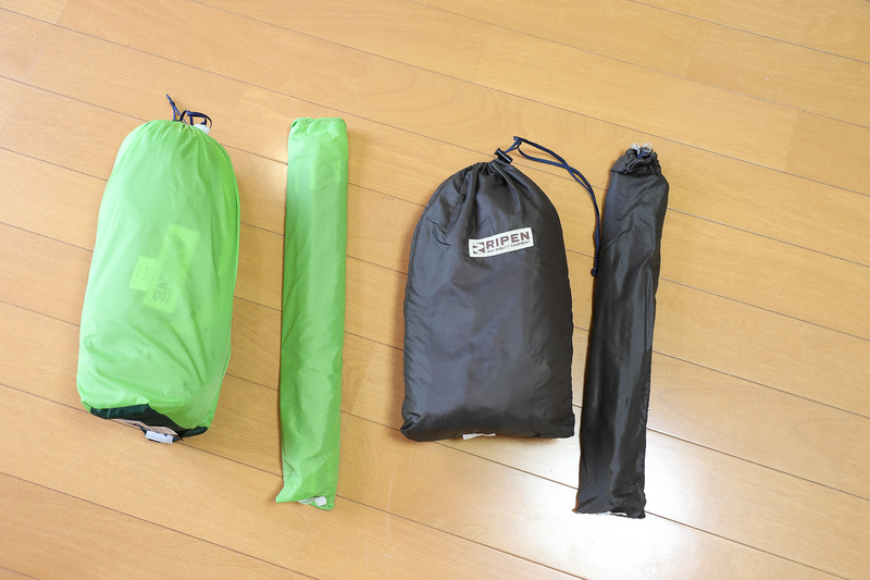 左はPAINE（石井スポーツ）のゴアライト（2001年購入）、右はRIPEN（アライテント）のエアライズ（1992年購入）。ほかにツェルトも持っているが、今回はゴアライトを使った