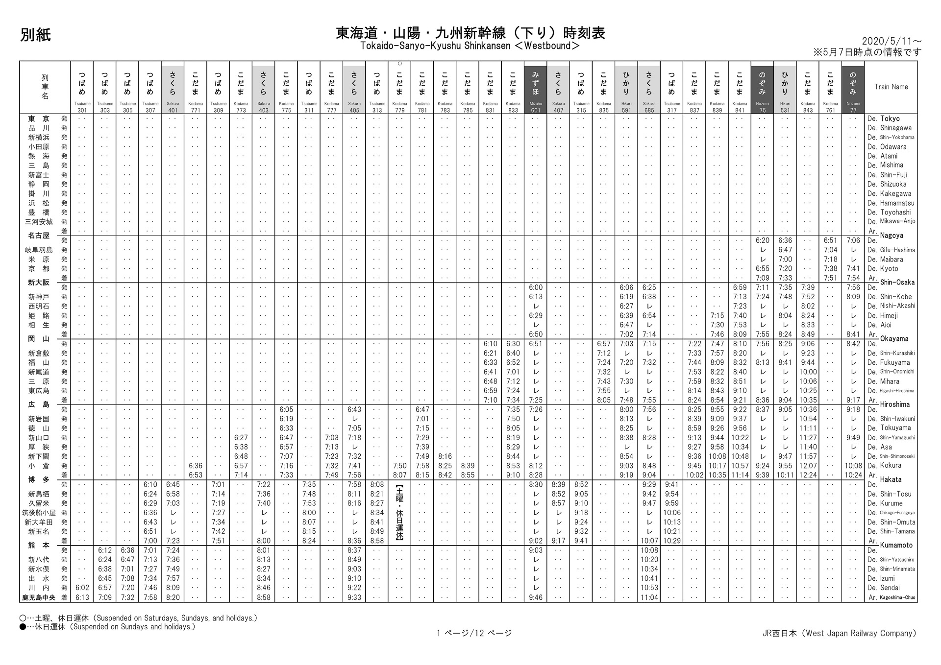 5月11日以降の山陽新幹線のダイヤ