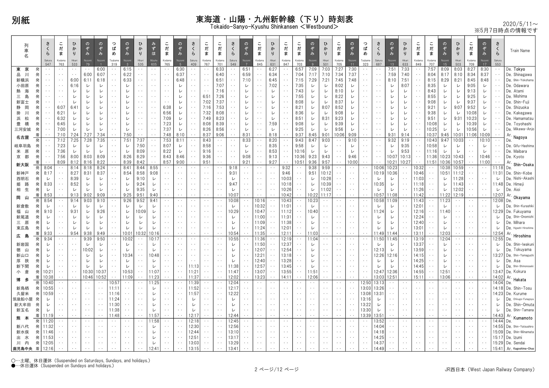 5月11日以降の山陽新幹線のダイヤ
