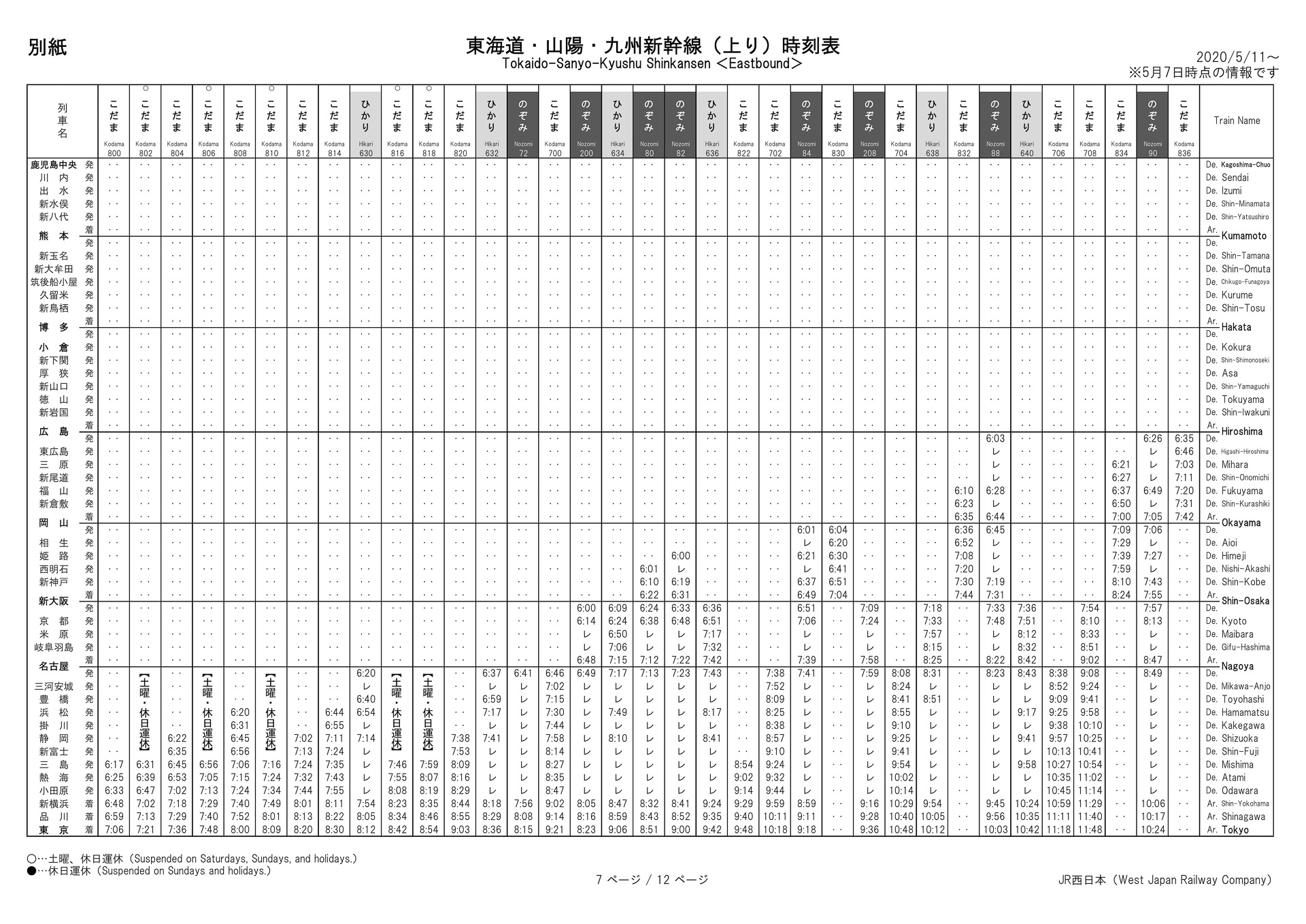 5月11日以降の山陽新幹線のダイヤ