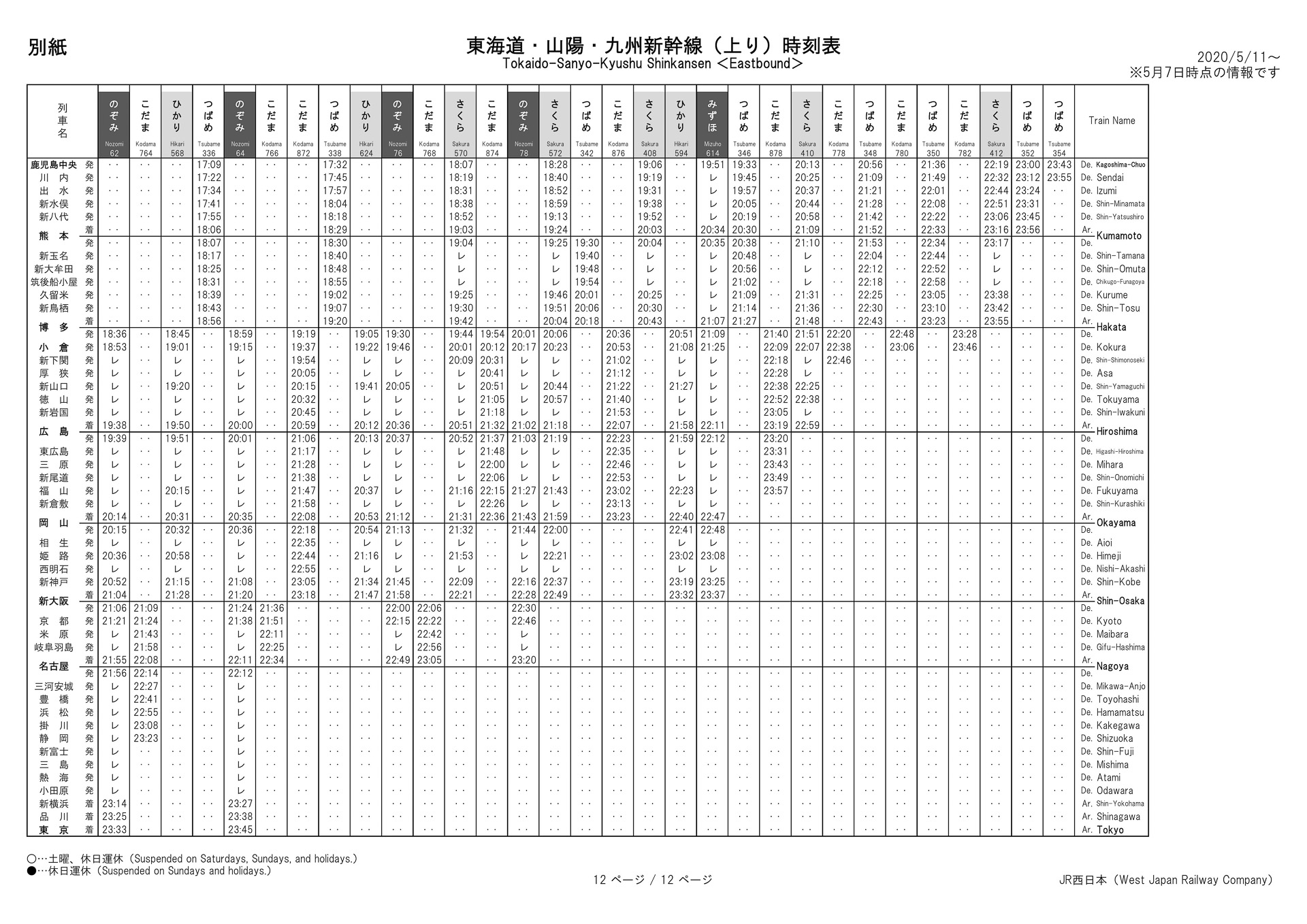 5月11日以降の山陽新幹線のダイヤ