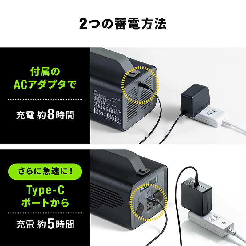 専用ACアダプタのほかUSB Power Delivery規格の60W以上のAC充電器で充電することもできる