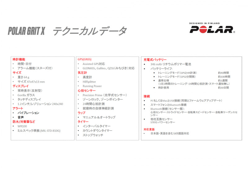 Polar Grit Xの詳細仕様