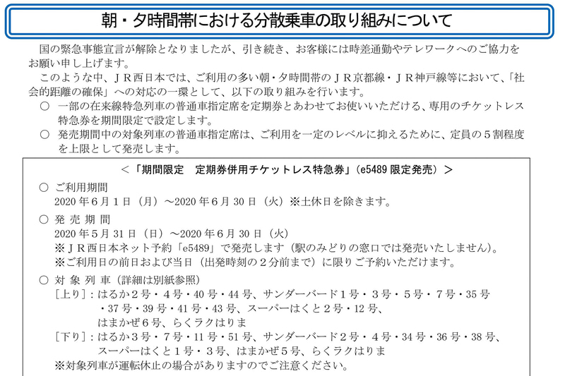 JR西日本は朝・夕時間帯の分散乗車の取り組みを実施する