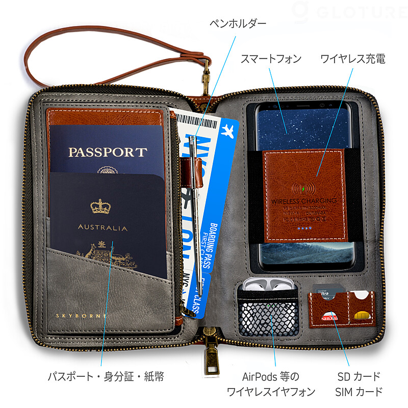 スマートフォン、身分証、紙幣、イヤフォン、ペンなどを収納できる