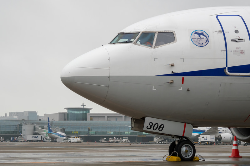 退役したボーイング 737-500型機。奥に見えるのは跡継ぎのボーイング 737-800型機