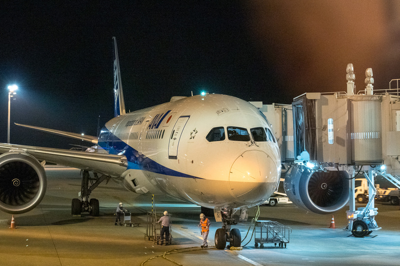 この日の最終運航を終えた機体へと進む清掃スタッフ。手にはアルコール消毒液とクロスの入ったカゴが