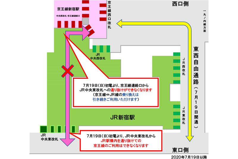 東西自由通路開通後の京王線～新宿駅東口方面の通行ルート（画像：京王電鉄）