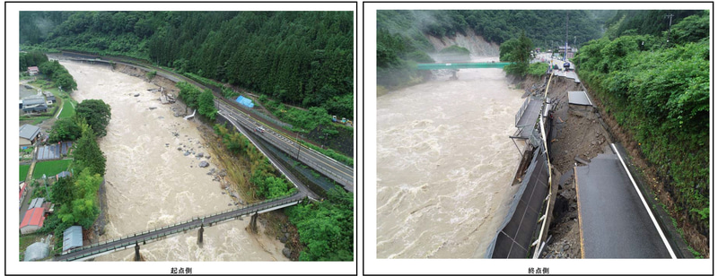 国道41号 岐阜県下呂市小坂町門坂（134KP付近）の被災状況（写真：国土交通省 中部地方整備局 高山国道事務所の発表資料より）