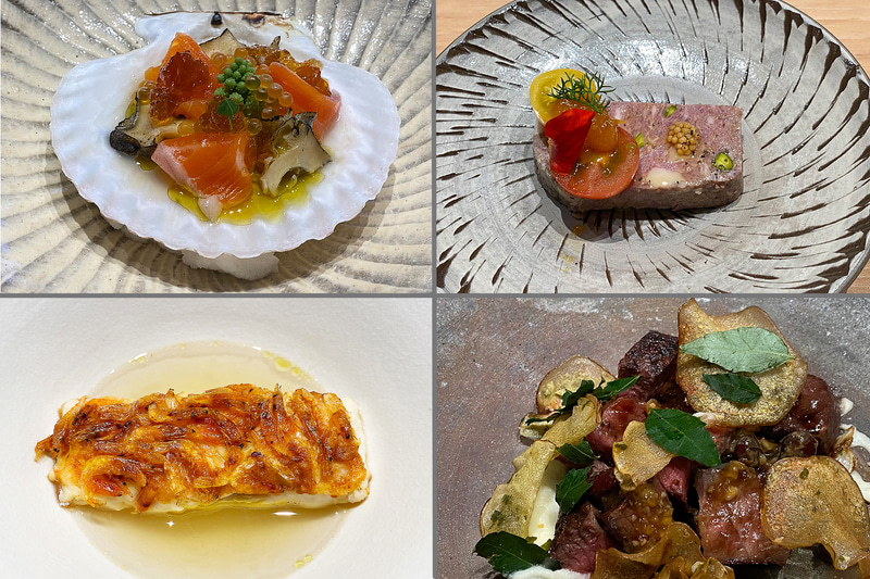 コース料理の一例。アルコールも揃っています