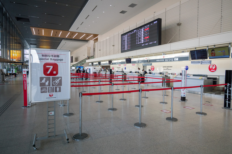 エスカレータから北に向かって一般の手続きや手荷物預け入れなどのカウンターが並ぶ