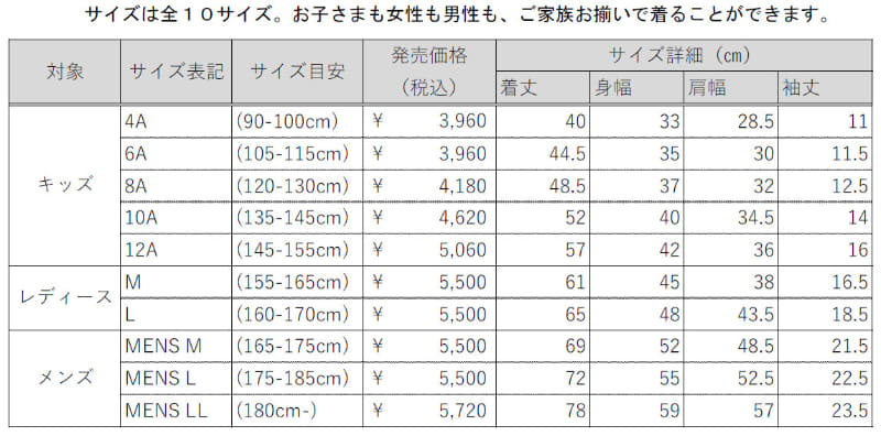 サイズ展開（全10サイズ）