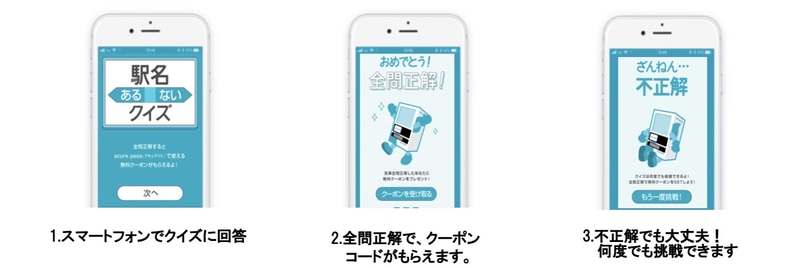 ドリンク1本無料クーポンがもらえる「駅名あるないクイズ」も