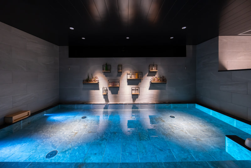 浴槽は十分な広さがあり、壁に植物が飾られている