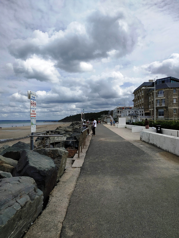 砂浜周辺にはかわいらしい家が建ち並んでいます。ブルターニュ地方ではアジサイの花をよく見かけます