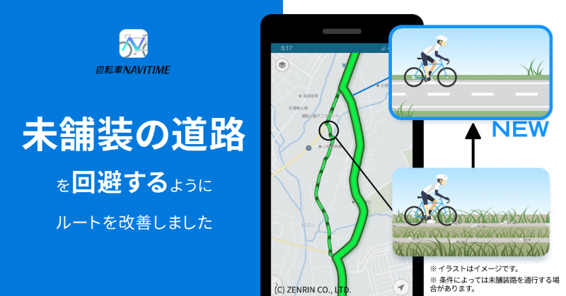 自転車NAVITIMEが未舗装路を回避するルート検索に対応