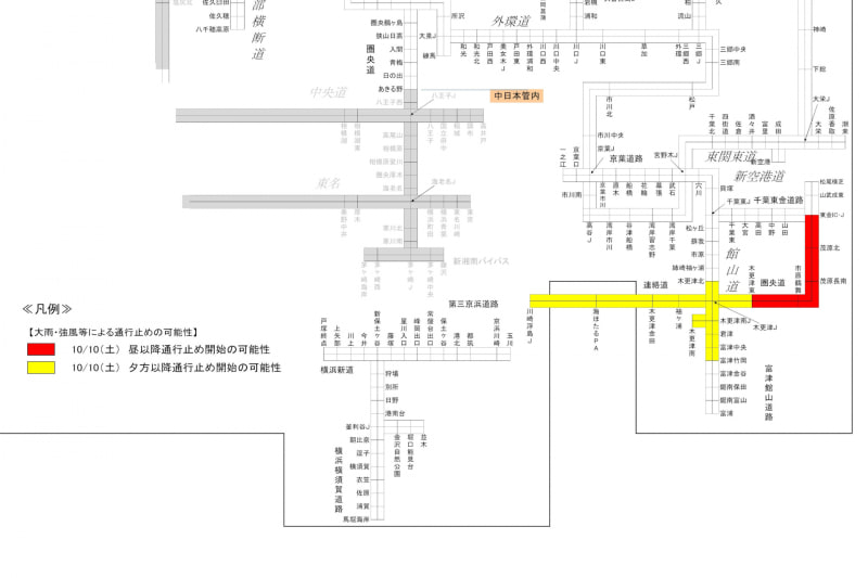 NEXCO東日本管内で通行止めが予想される区間