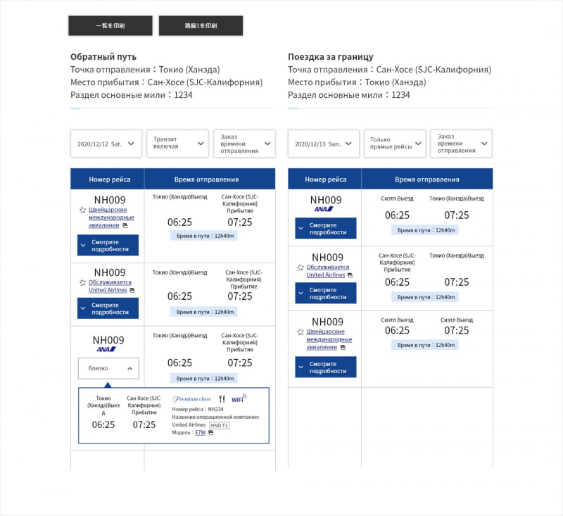 PC版国際線時刻表検索（指定日検索/ロシア語）