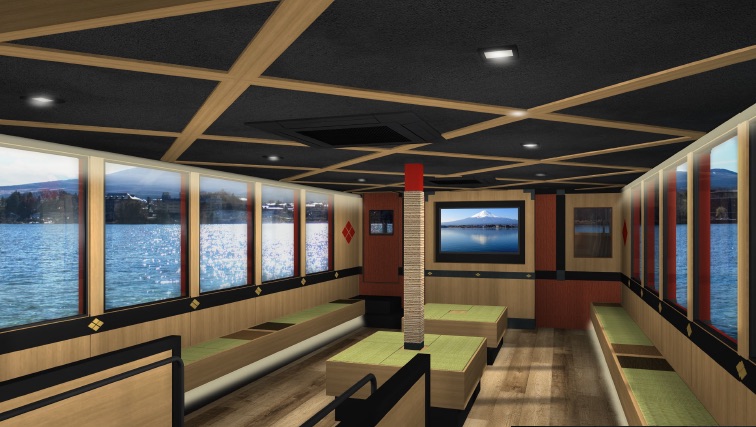 畳の間をイメージした船内には50インチの大型モニターを設置