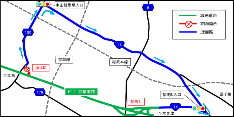 原木IC下り線入口ランプの位置と迂回路