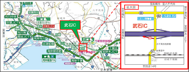 武石IC上り線入口ランプの位置と迂回路