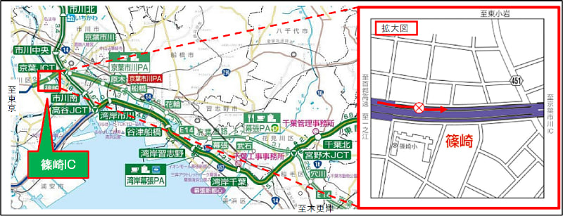 篠崎IC下り線入口ランプの位置と迂回路