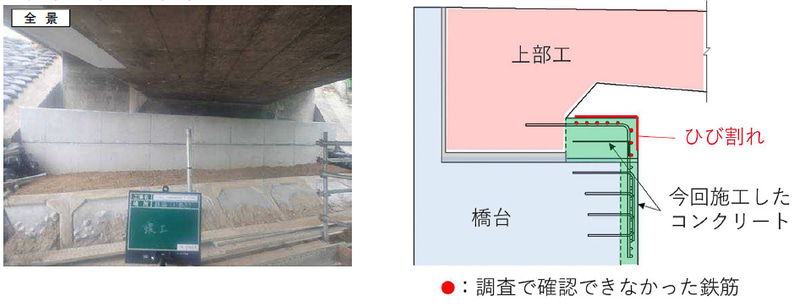 NEXCO中日本は中央道跨道橋の耐震補強工事の施工不良で調査委員会を設置した（画像は「緑橋A1橋台」のひび割れ箇所）