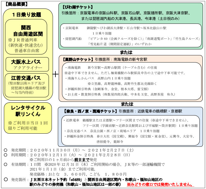 「冬の関西1デイパス」を発売する