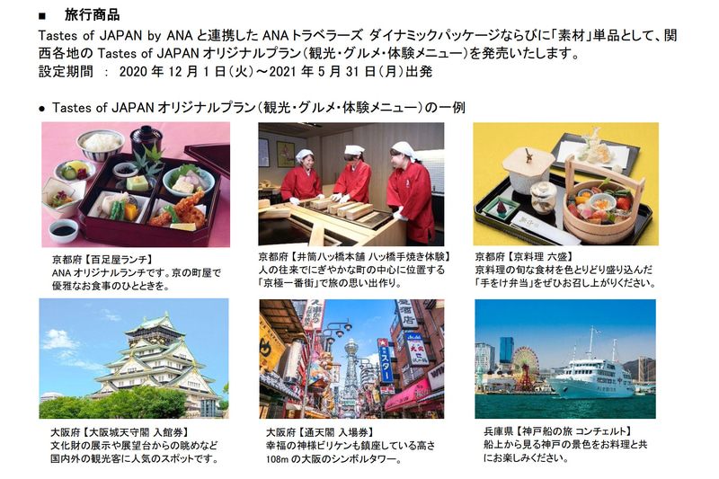 ANAトラベラーズで発売するTastes of JAPANオリジナルプランの例