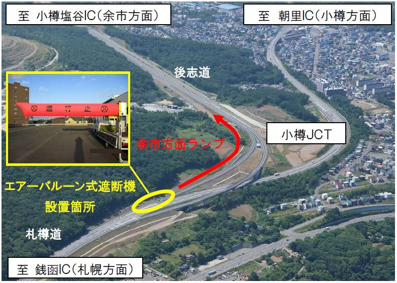 NEXCO東日本は後志道 小樽JCTでエアバルーン式遮断機による通行止めを試行運用する