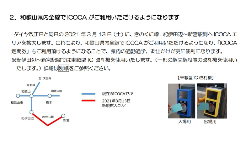 きのくに線のICOCA対応区間（2021年3月13日～）