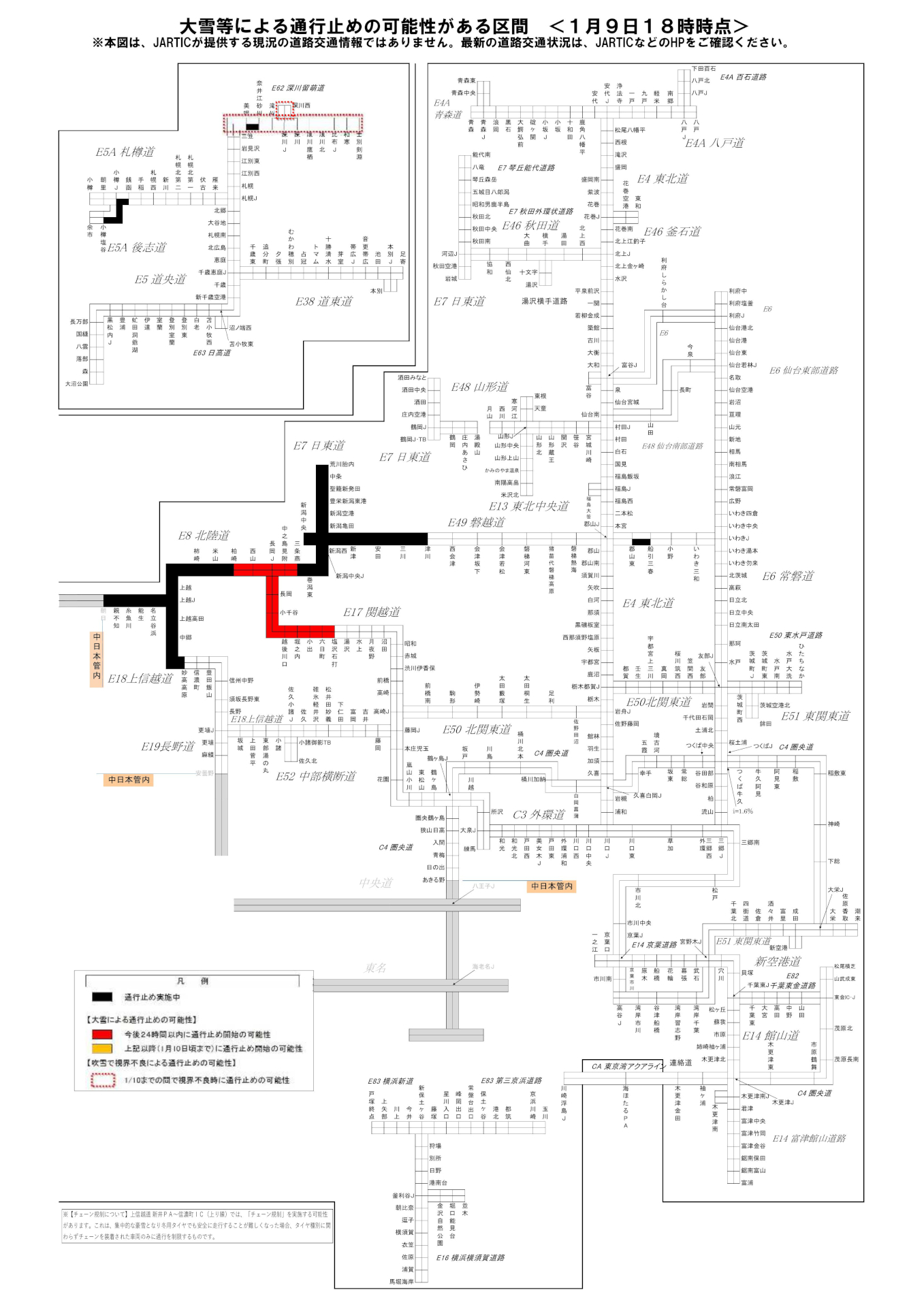 NEXCO東日本管内の通行止め可能性区間（1月9日18時時点）