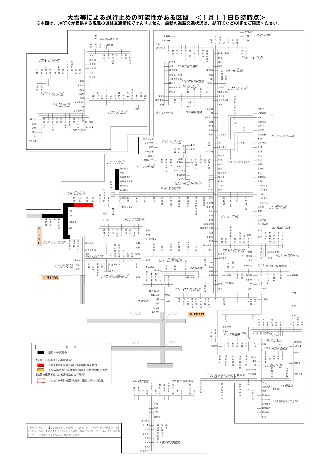 NEXCO東日本管内の通行止め可能性区間（1月11日6時時点）