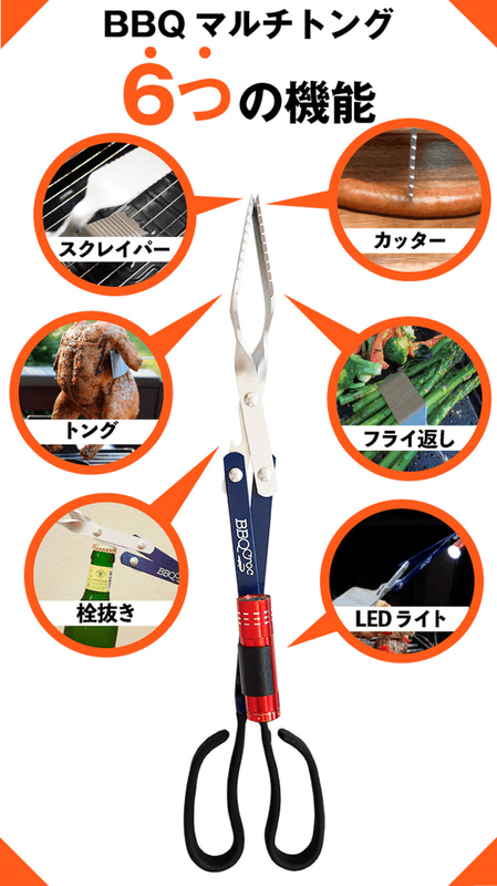 「トング」「フライ返し」「カッター」「スクレイパー」「栓抜き」「LEDライト」の機能を備える