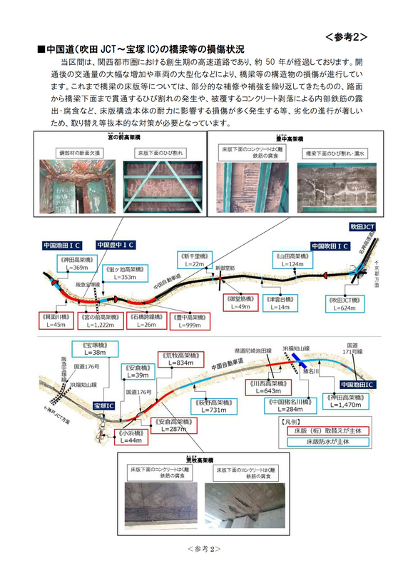 中国道 吹田JCT～宝塚ICの橋梁などの損傷状況