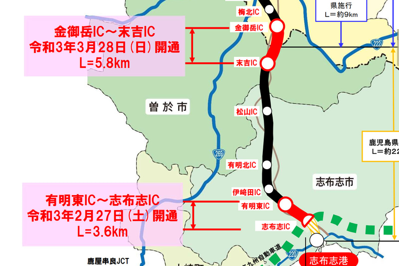 宮崎県と鹿児島県は都城志布志道路の2区間を順次開通する