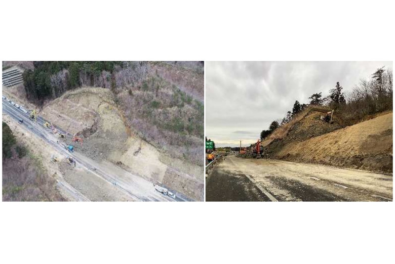 福島県沖地震でのり面が崩落した常磐道 相馬IC～新地ICは、緊急車両の通行を確保した