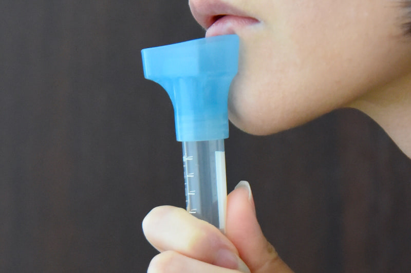 首元をマッサージ後、漏斗に口を近づけ採取開始