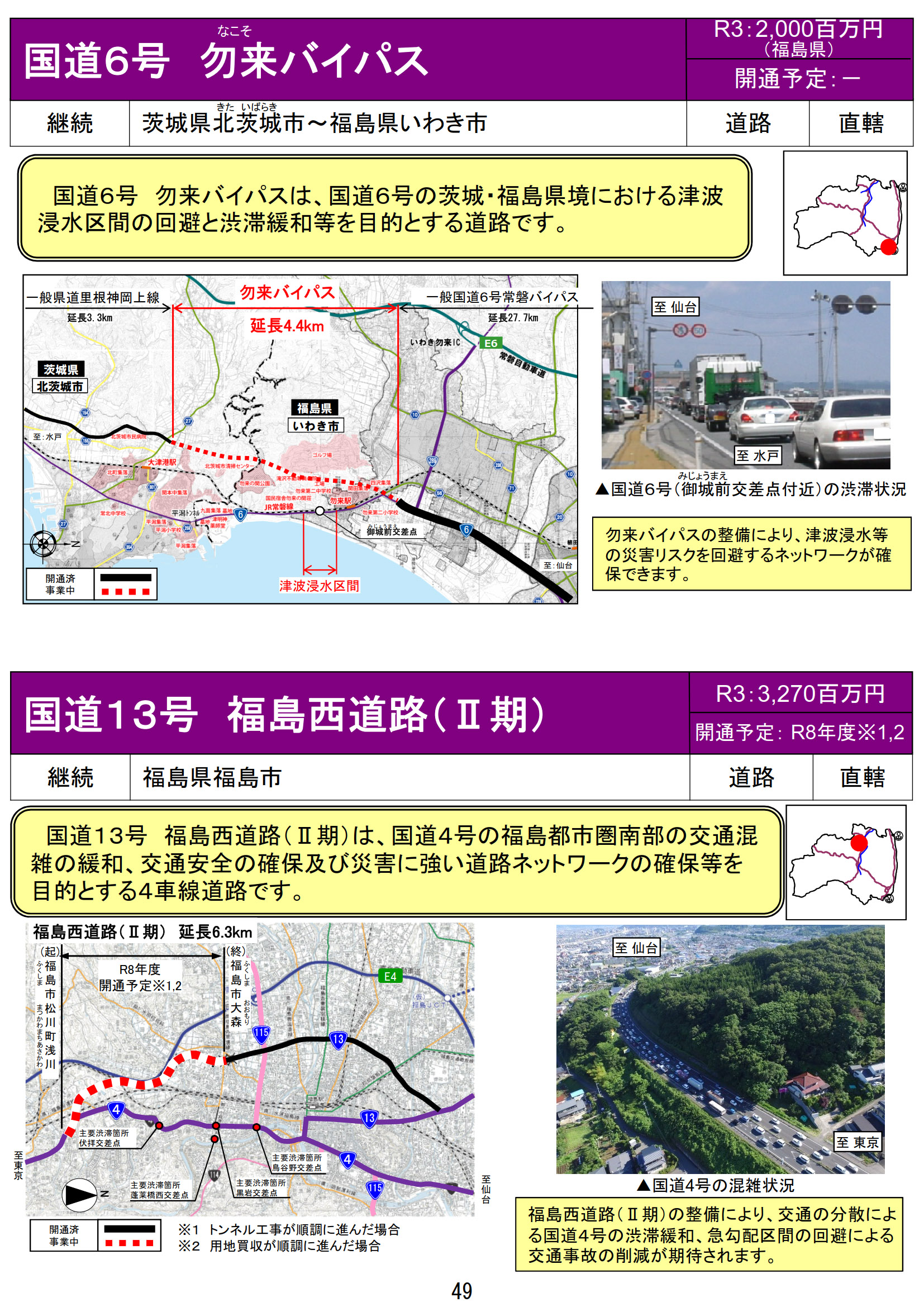 国道6号 勿来バイパス（福島県/茨城県）、国道13号 福島西道路II期（福島県）