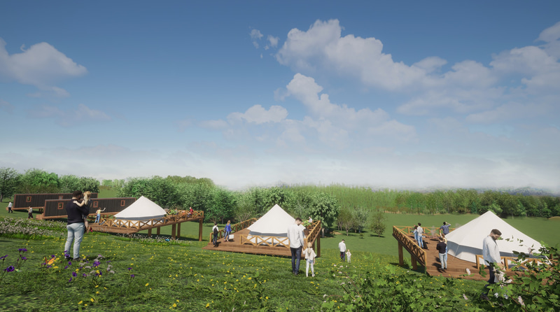 5張のグランテントと3棟のウッドキャビンを用意