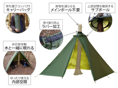  Peak - トゥリーラブ　テント　DOD ビーズ、木と一緒に眠れるテント「トゥリーラブ」。自然の木を