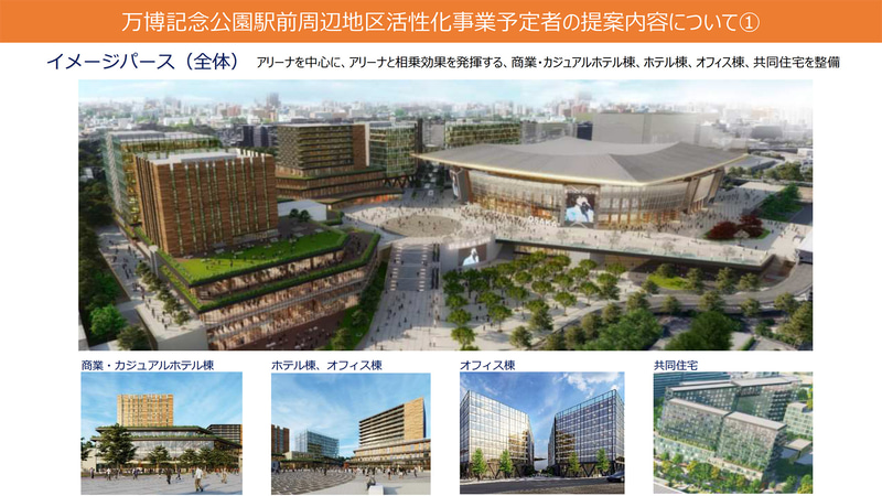 アリーナを中心に商業施設やカジュアルホテル、ホテル、オフィス、共同住宅を整備