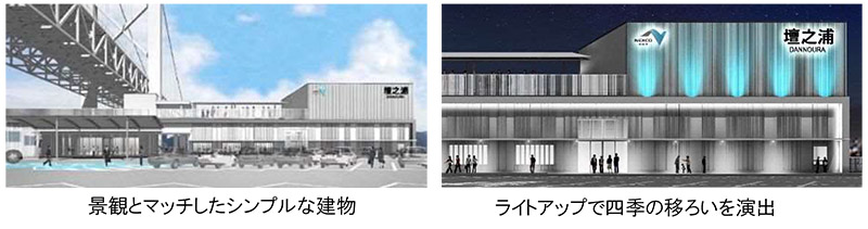 リニューアルした壇之浦PA（下り線）の建物。四季の移ろいを演出するライトアップも